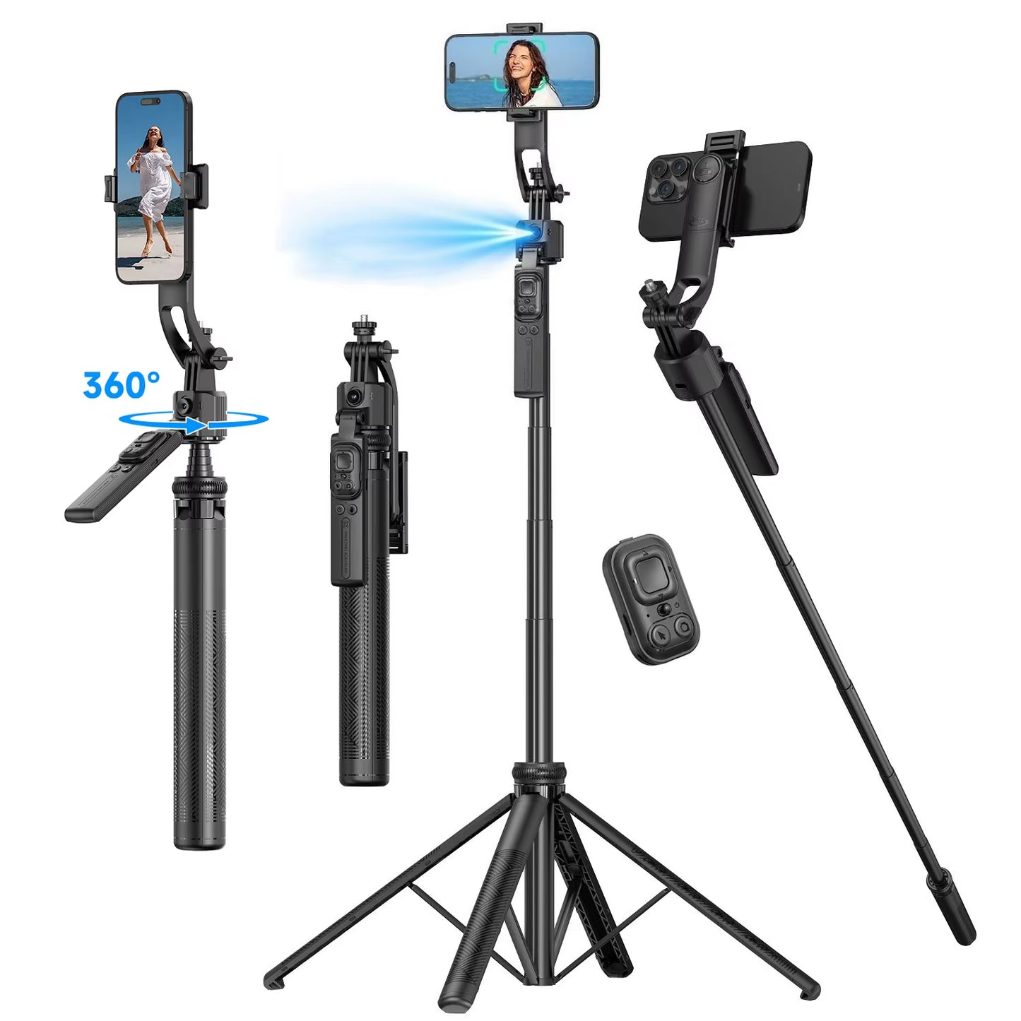 Extendable Auto Face Tracking Tripod 360° Rotation, No App, 64" Motion Sensor Phone Holder Stand Camera Mount for Videos Vlogs
