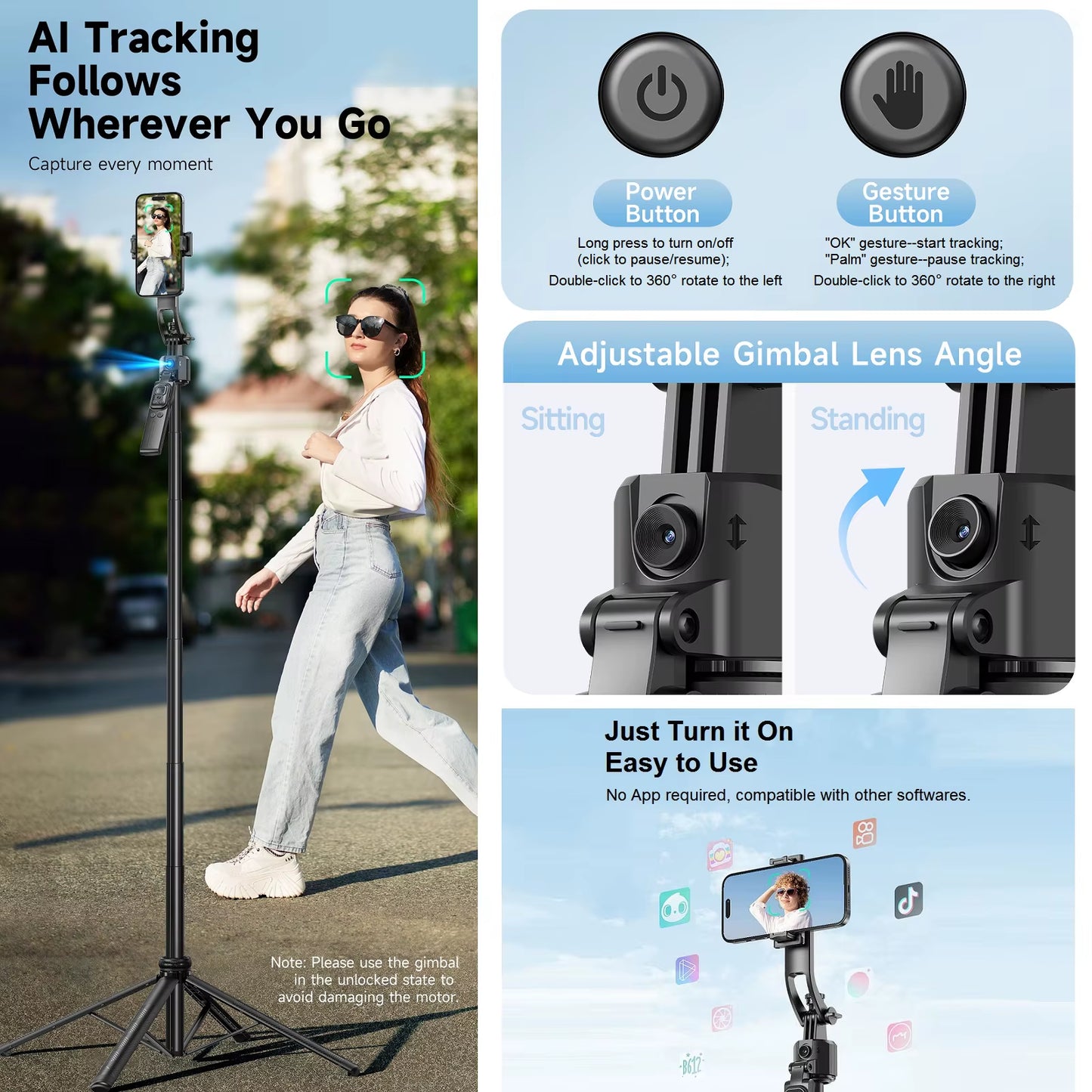 Extendable Auto Face Tracking Tripod 360° Rotation, No App, 64" Motion Sensor Phone Holder Stand Camera Mount for Videos Vlogs